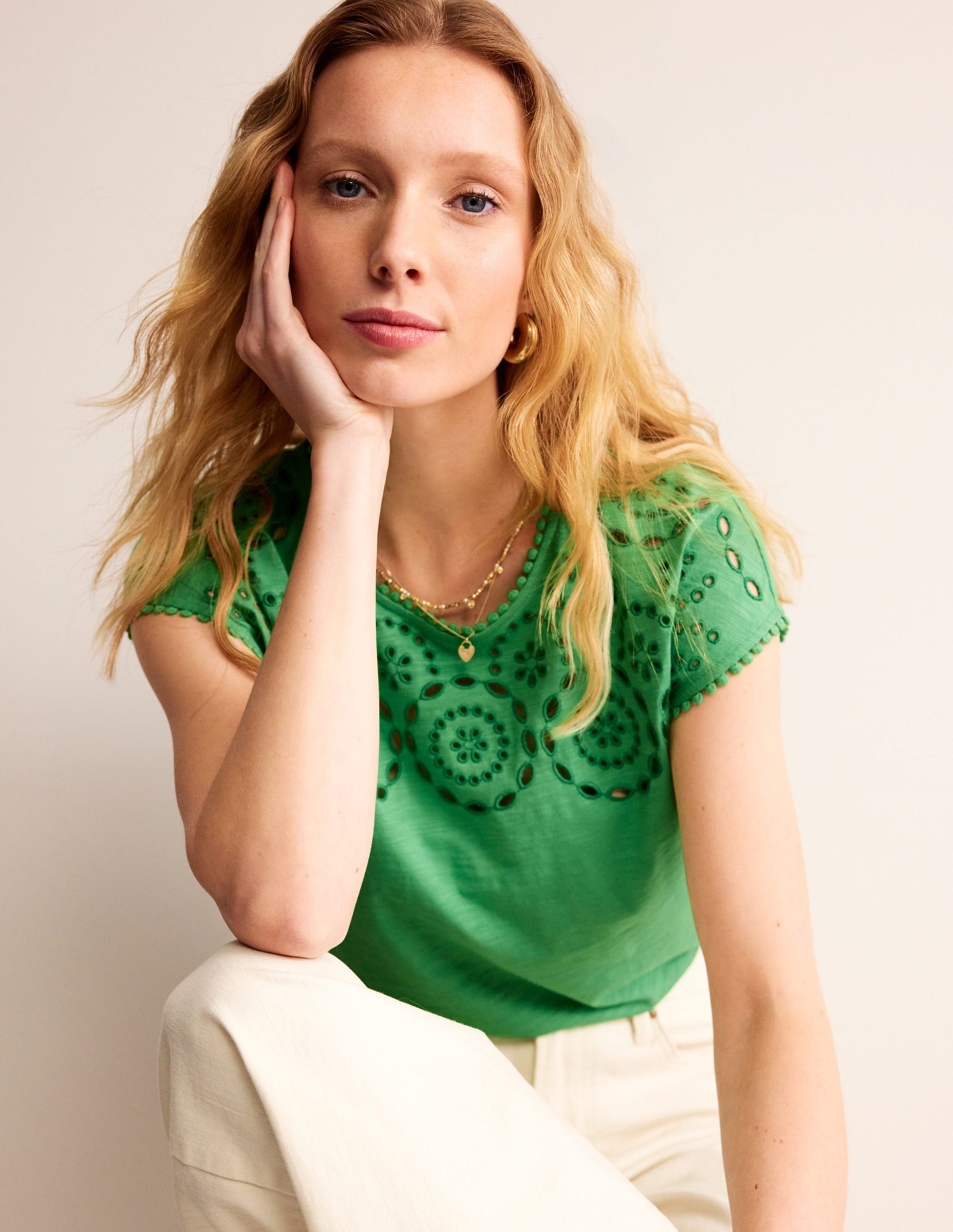Sasha Broderie T-Shirt-Kelly Green-1