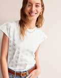 Louisa Flammgarn-T-Shirt mit Druck-Weiß, kleiner Zweig Folie