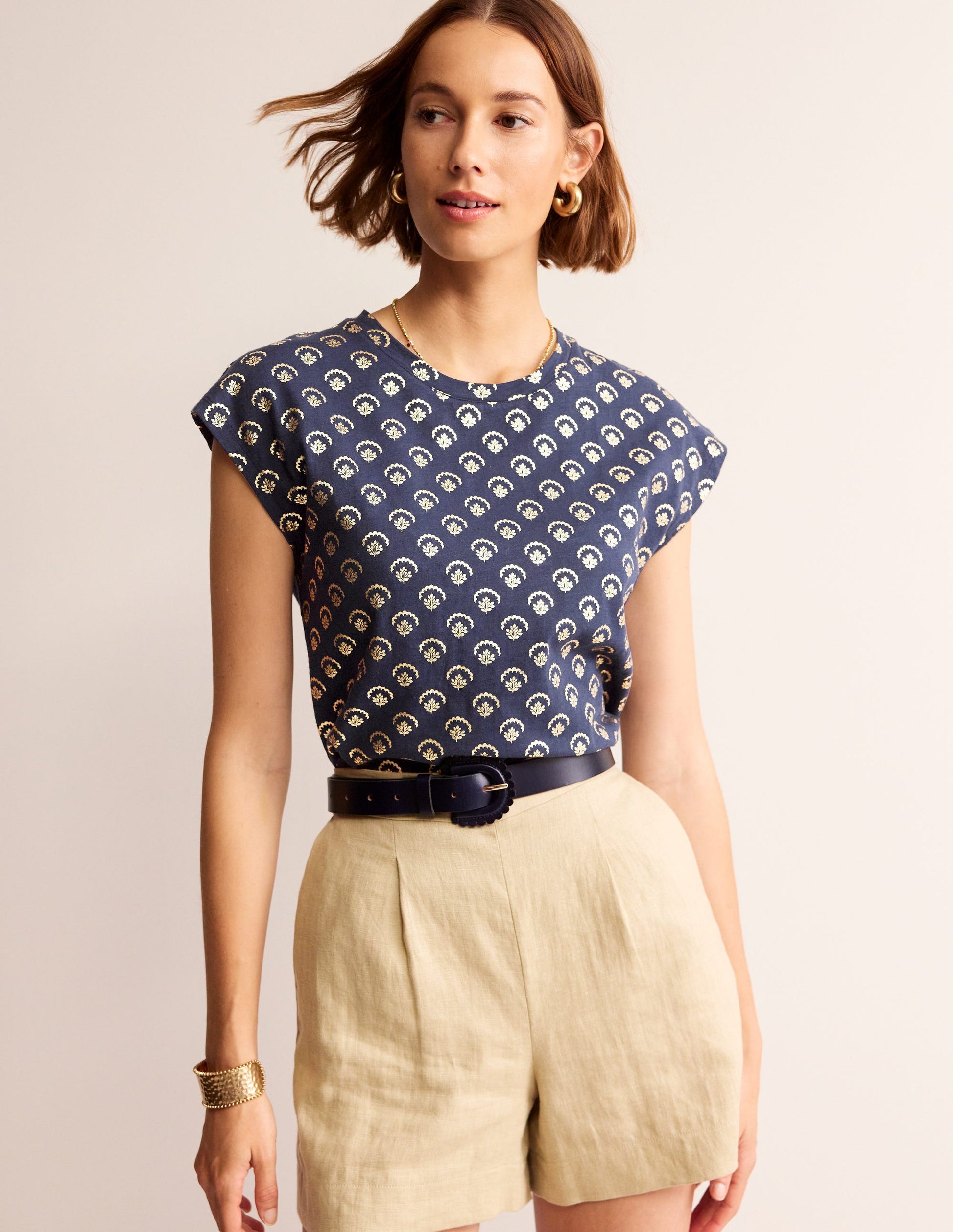 Louisa Flammgarn-T-Shirt mit Druck-Marineblau, Weinrebe Folie-1