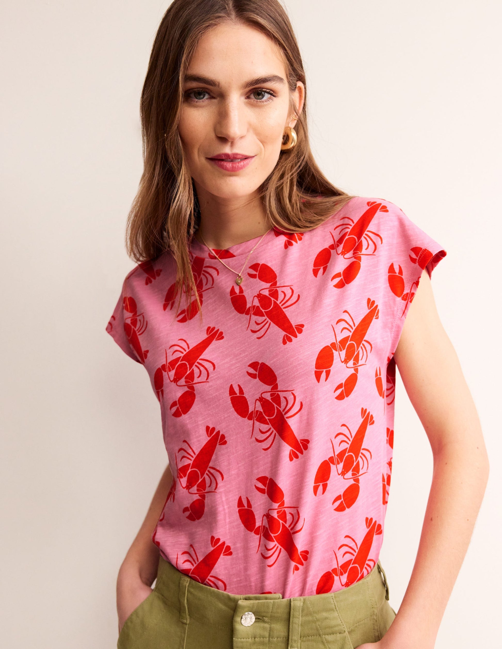 T-shirt Louisa flammé et imprimé-Rose cachemire, petit motif homard-1