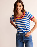 T-shirt col rond en crochet-Bleu, ivoire