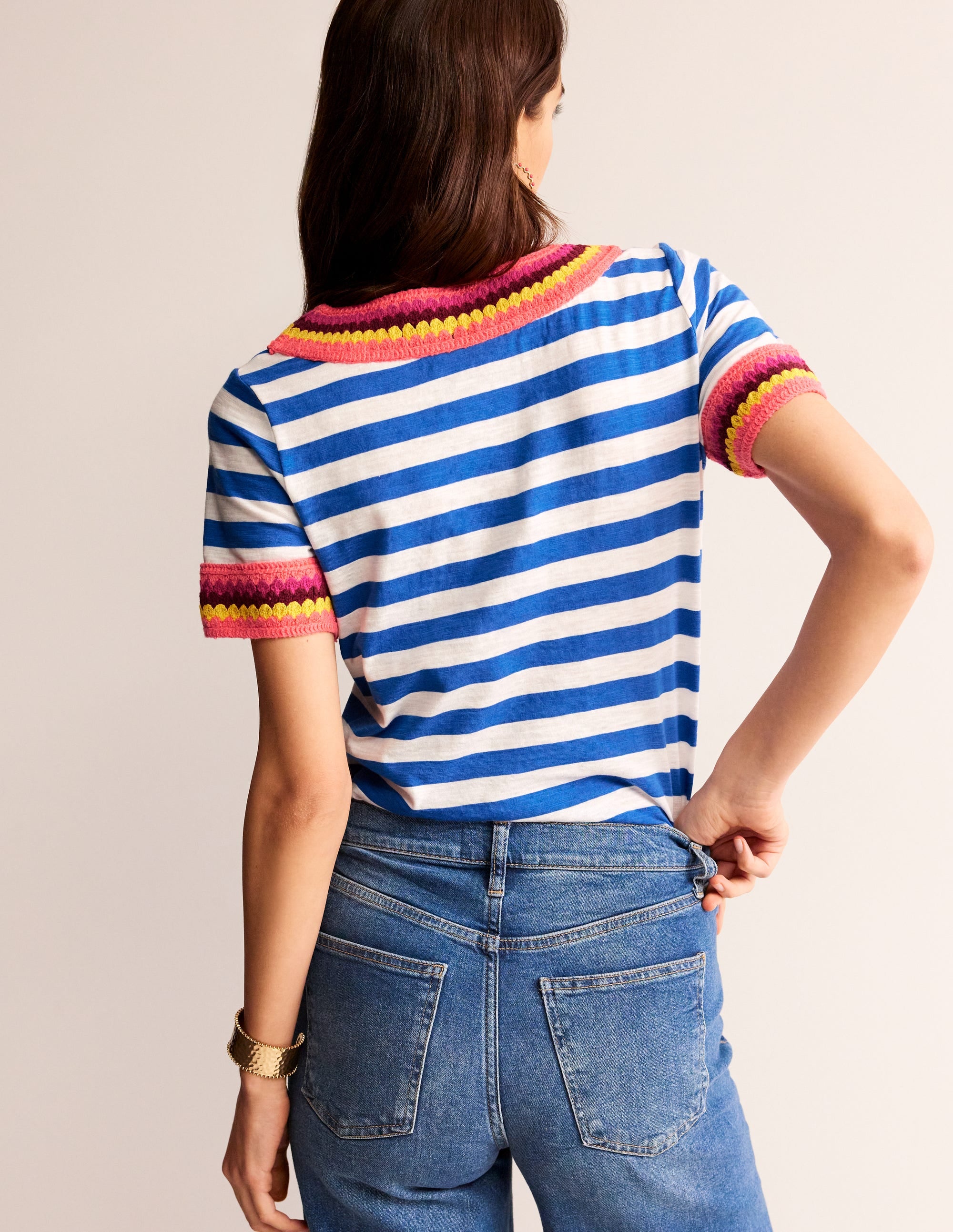 T-shirt col rond en crochet-Bleu, ivoire - Image 3