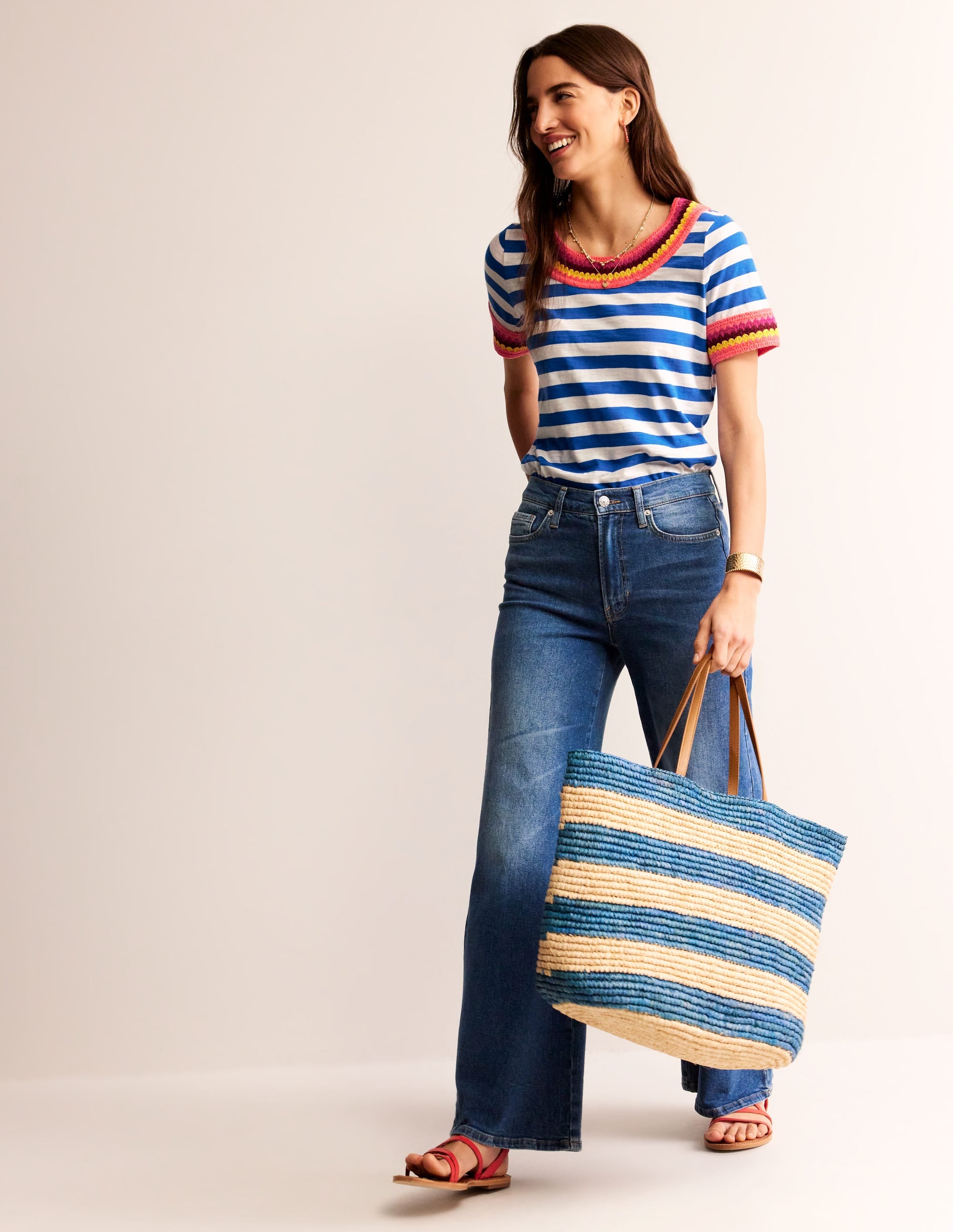 T-shirt col rond en crochet-Bleu, ivoire - Image 4