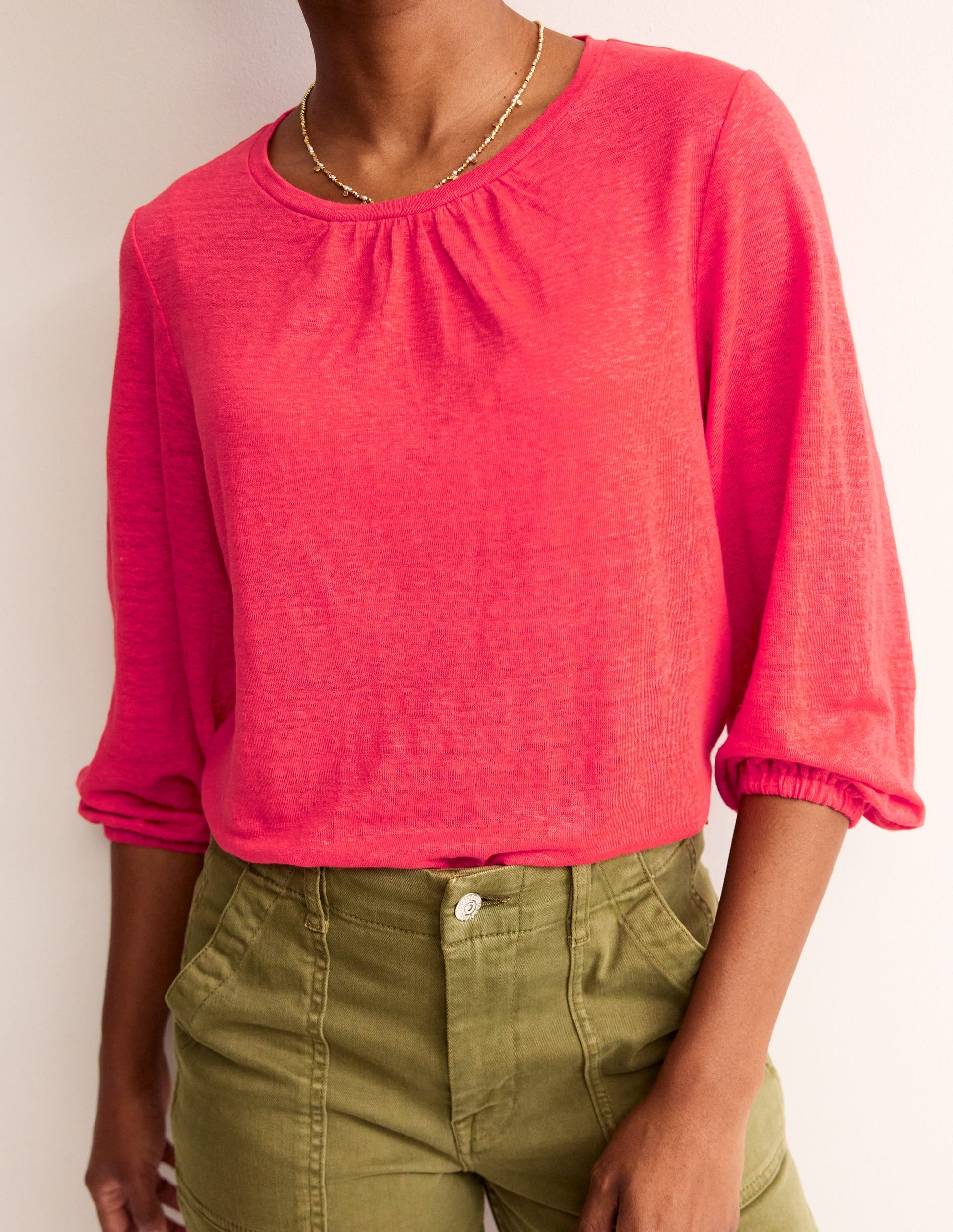 Gathered Neck Linen Jersey Top-Hibiscus-2