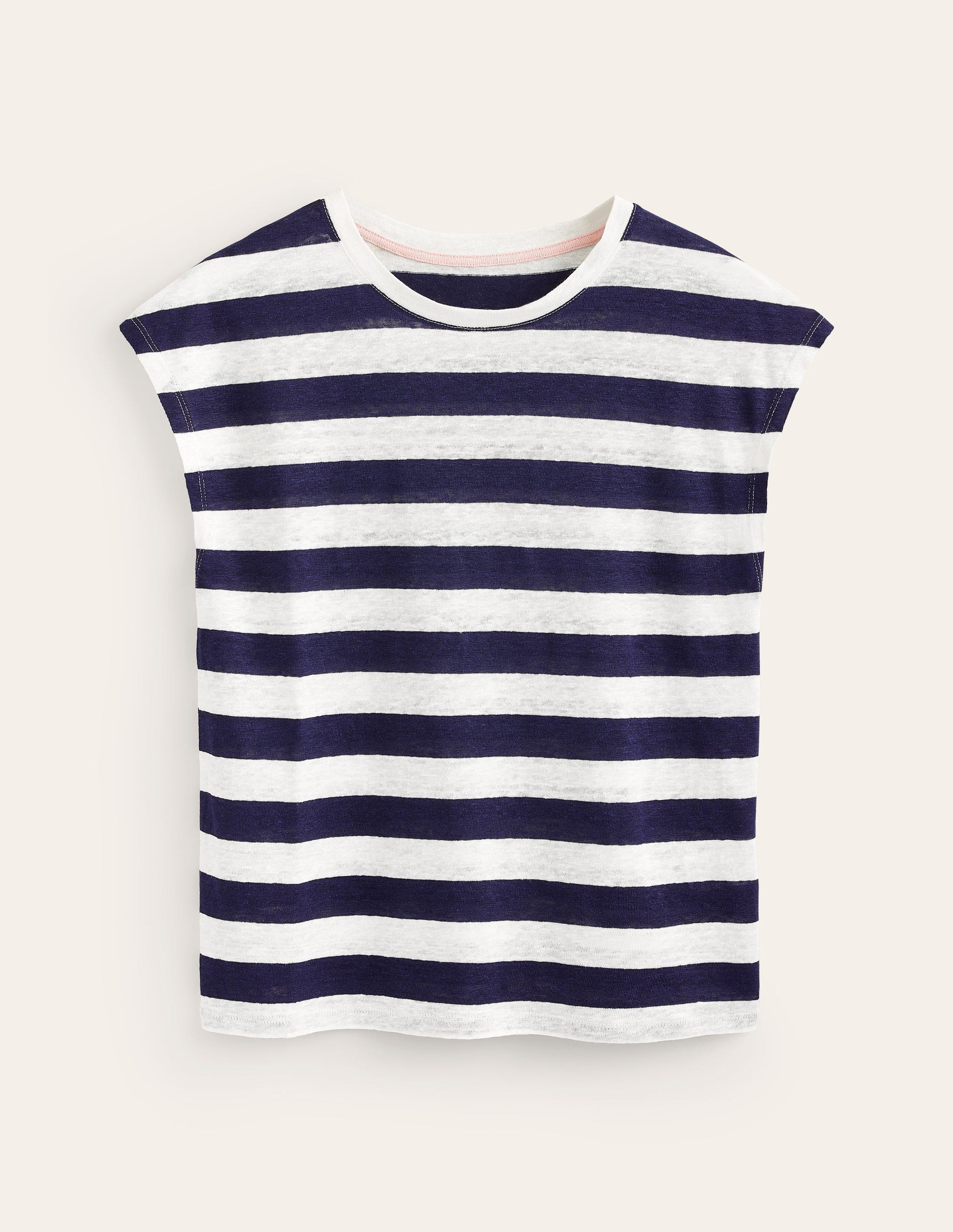 Louisa Leinen-T-Shirt mit Rundhalsausschnitt-Marineblau/Naturweiß, Gestreift-5