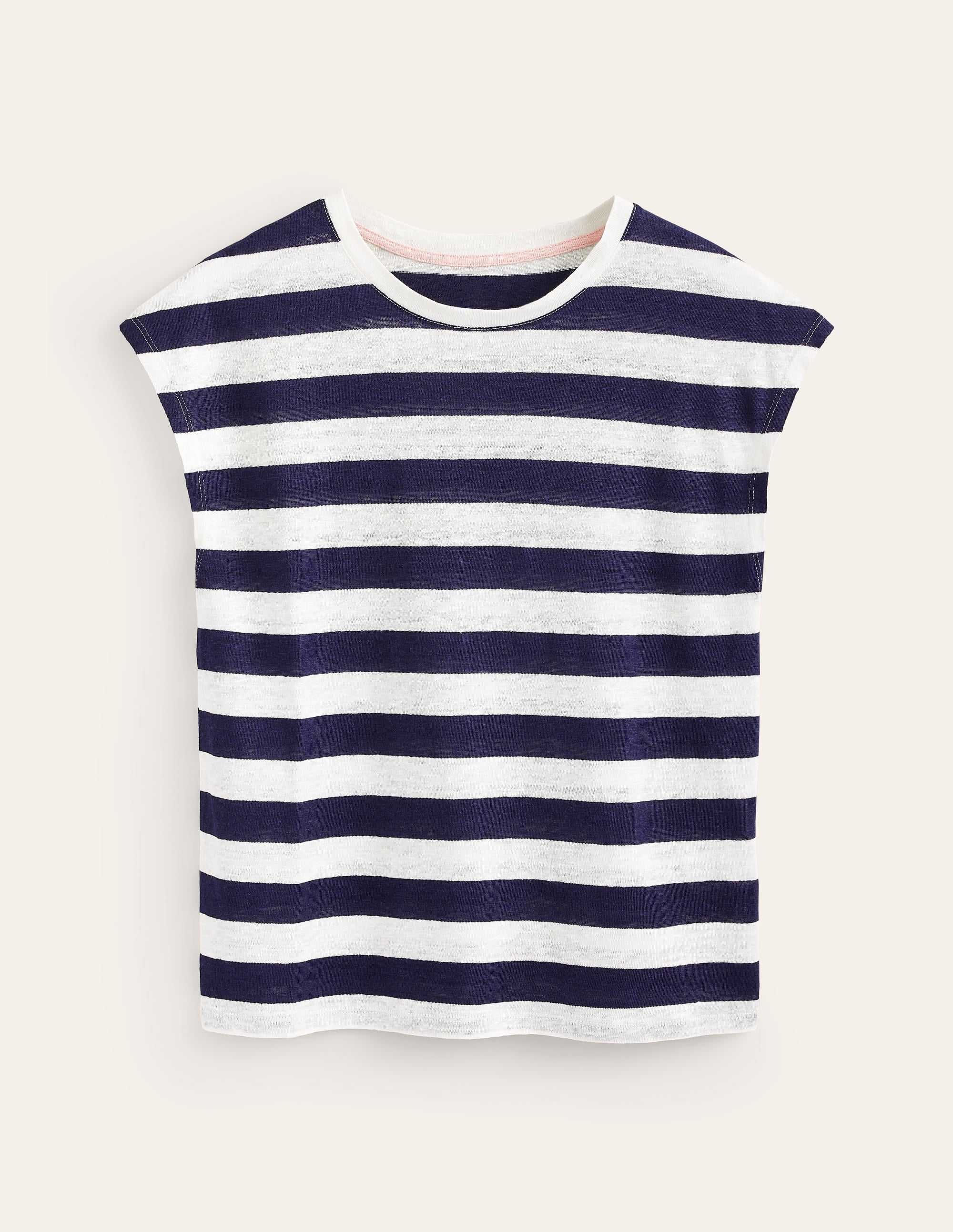 Louisa Leinen-T-Shirt mit Rundhalsausschnitt-Marineblau/Naturweiß, Gestreift - Image 5