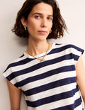 Louisa Leinen-T-Shirt mit Rundhalsausschnitt-Marineblau/Naturweiß, Gestreift