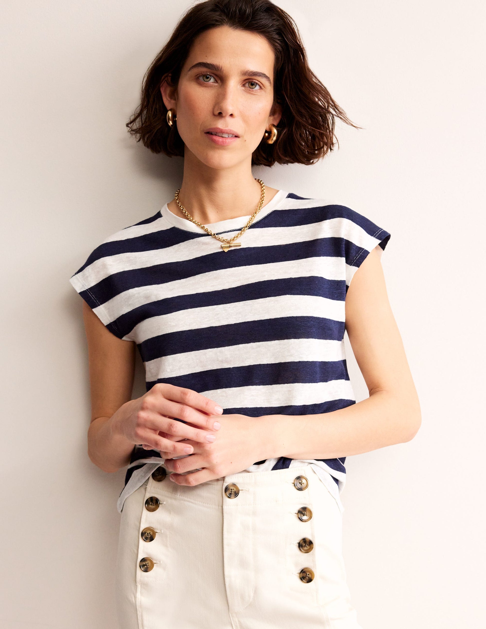 Louisa Leinen-T-Shirt mit Rundhalsausschnitt-Marineblau/Naturweiß, Gestreift-2
