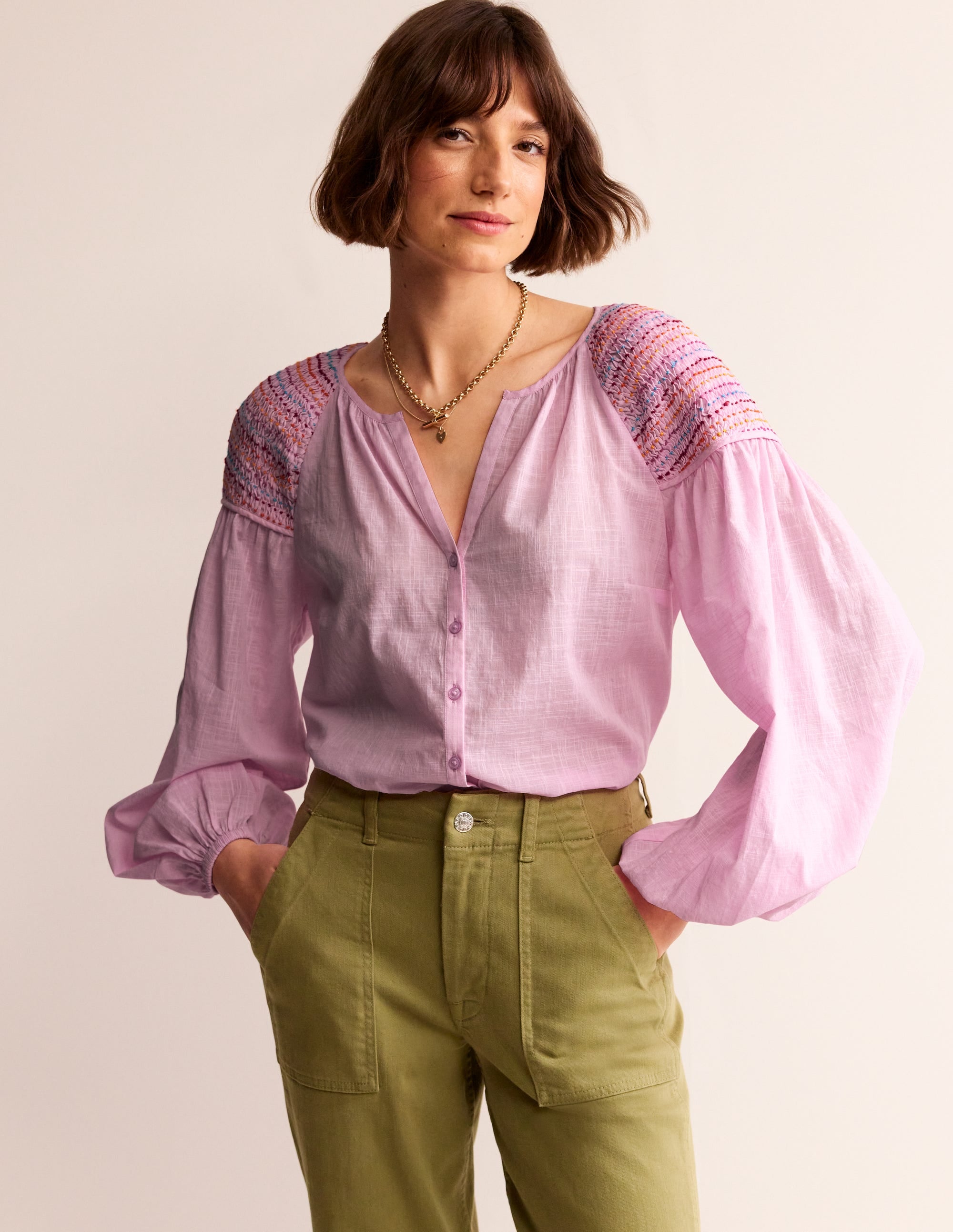 Gesmokte Baumwollbluse-Fliederfarben - Image 4