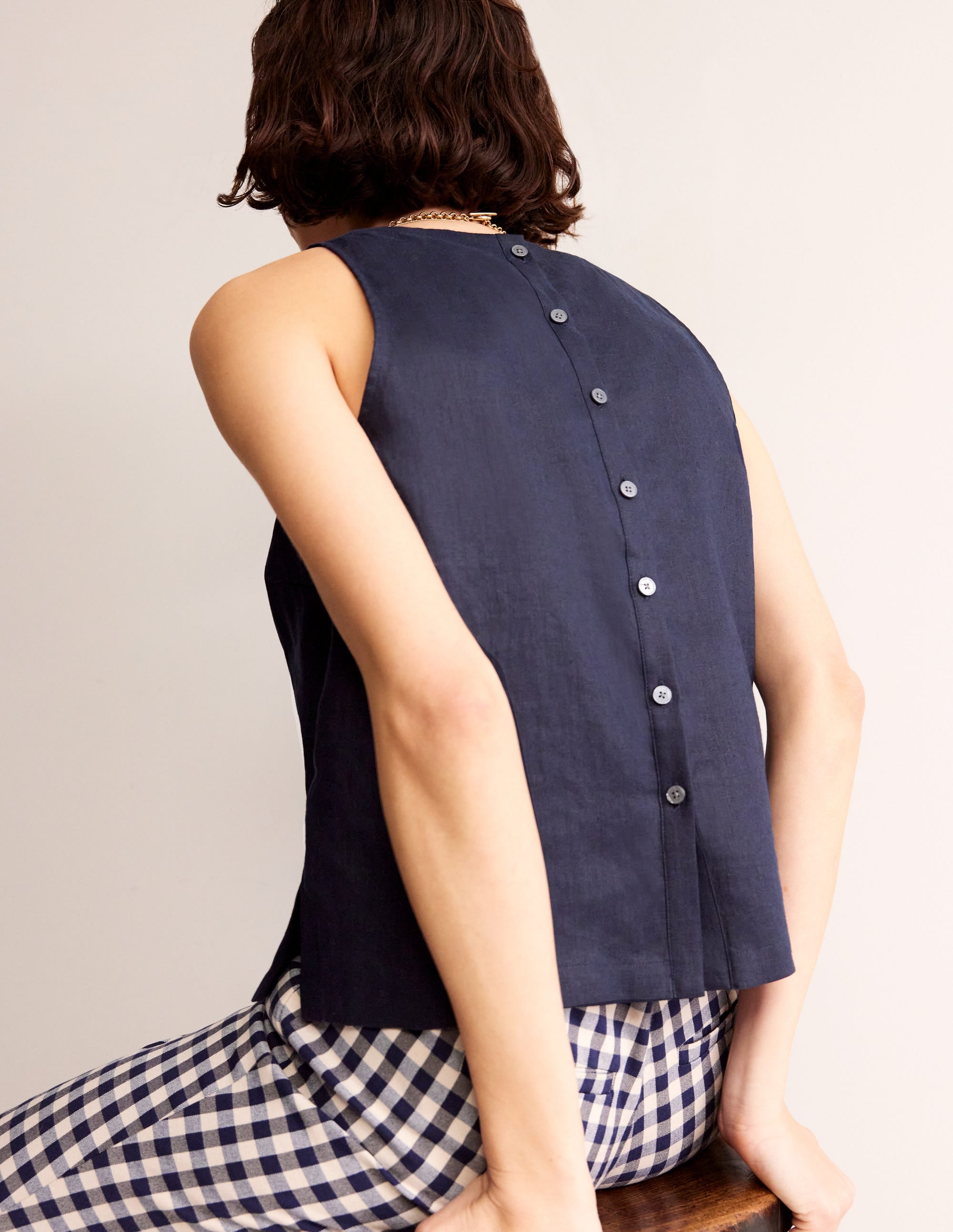 Top sans manches en lin-Bleu marine - Image 3