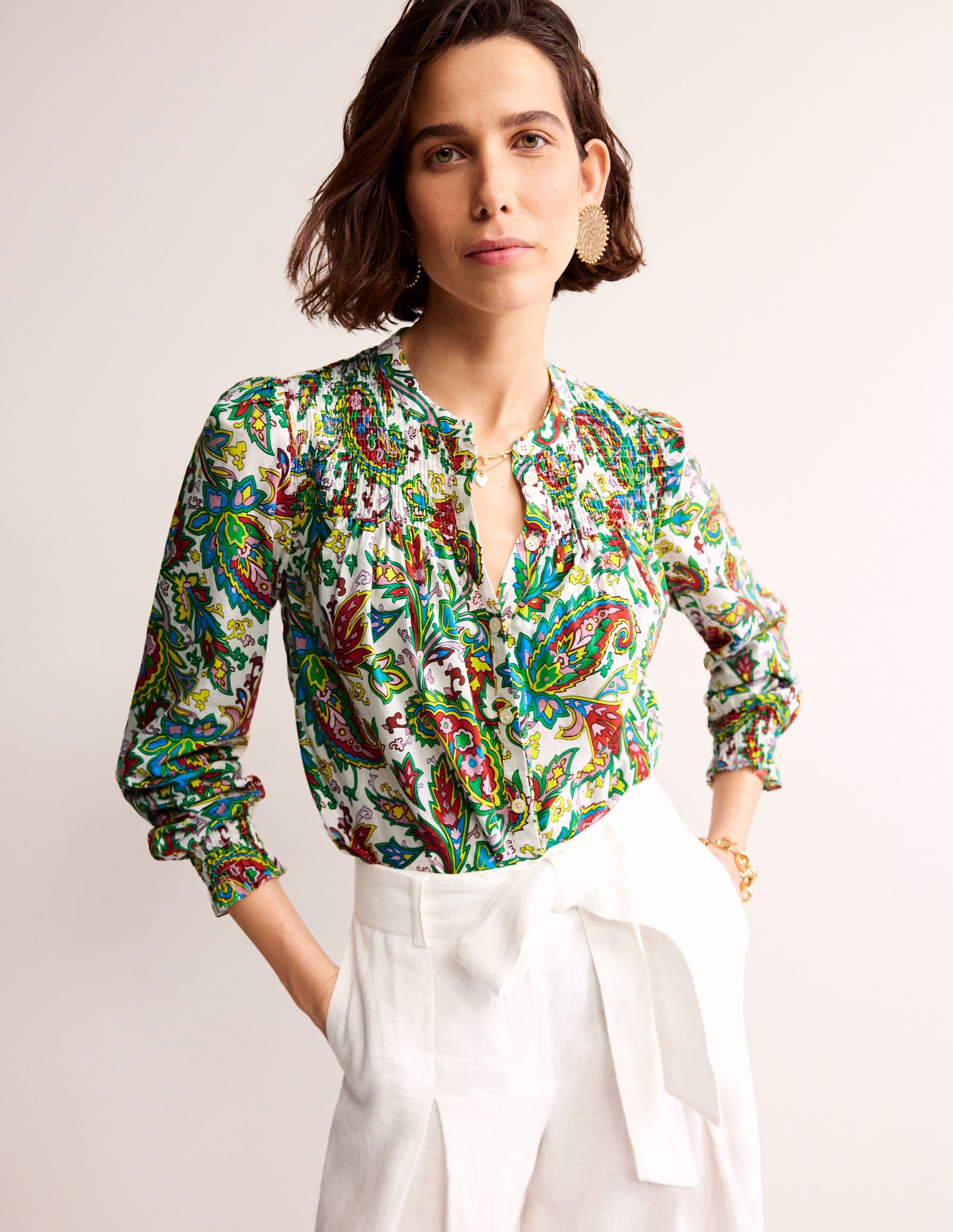 Helena Baumwoll-Bluse-Naturweiß, Paisley Azurblau - Image 1