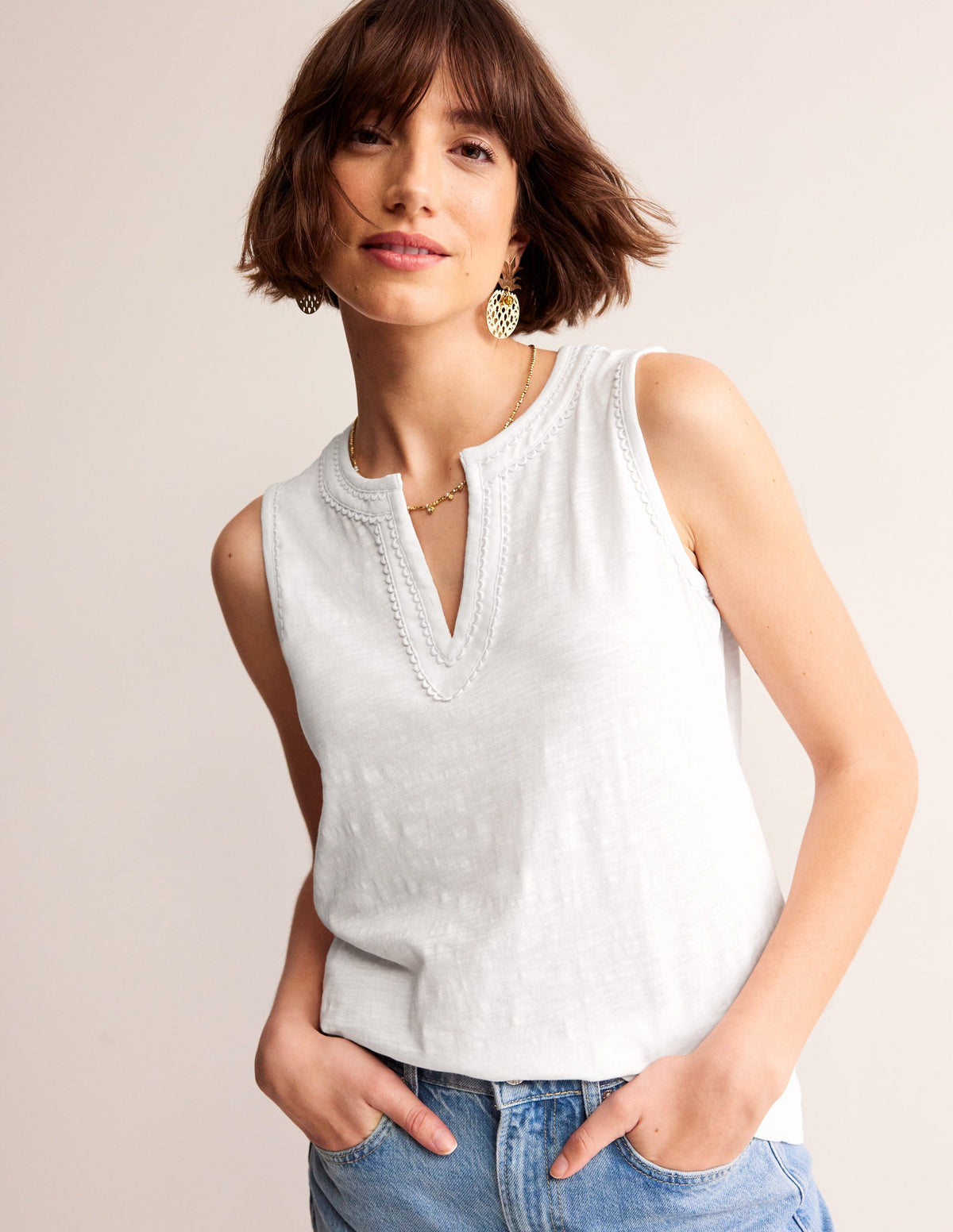 Tanktop mit Pompon-Besatz-Weiß-1
