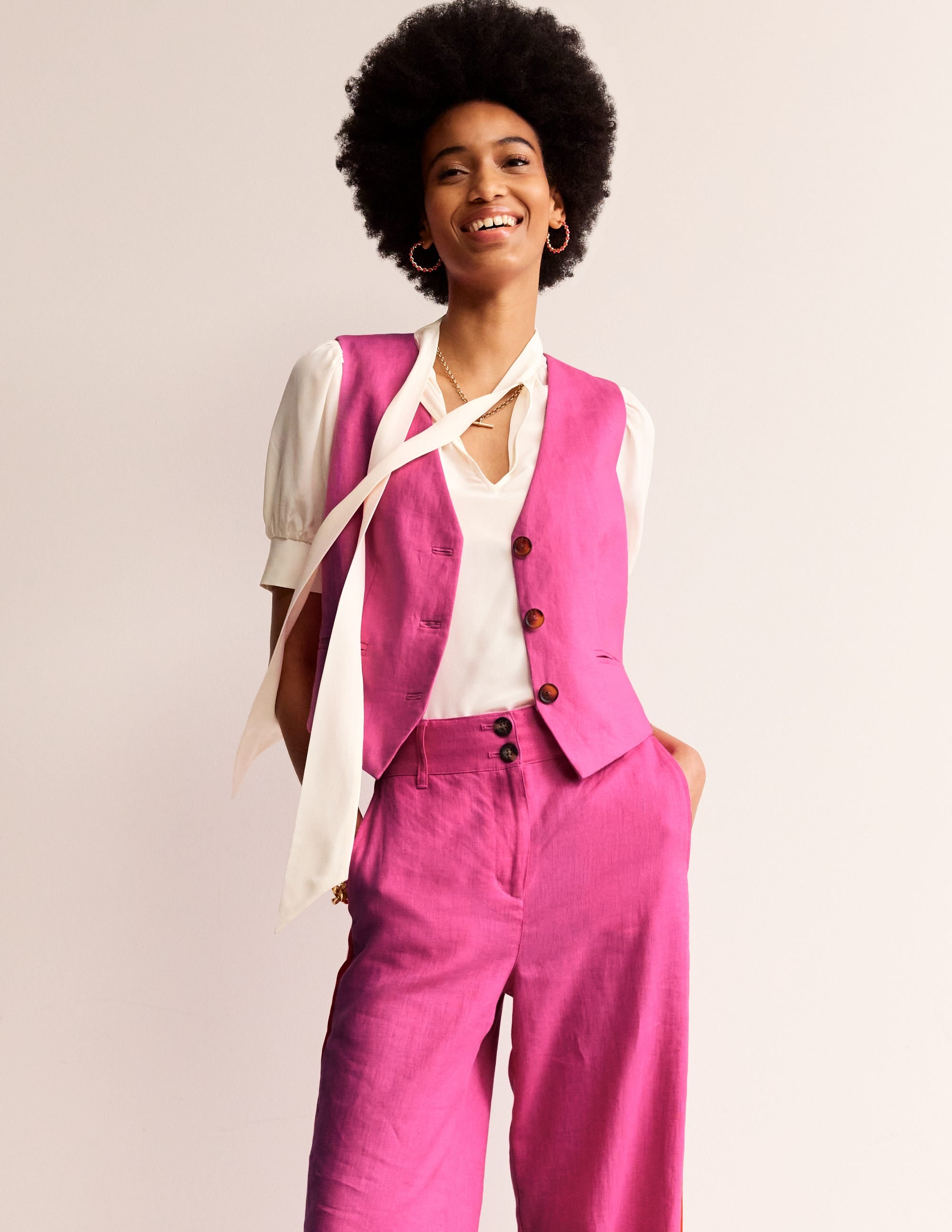 Gilet de costume col V en lin-Rose pop - Image 4