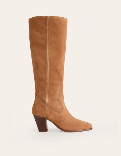 Bottes à talons hauteur genou avec bout en amande-Tan Suede