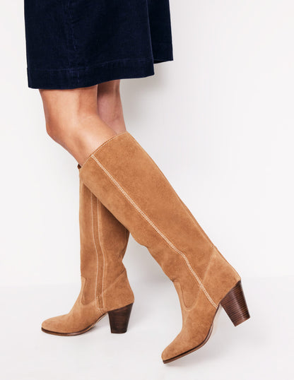 Bottes à talons hauteur genou avec bout en amande-Tan Suede