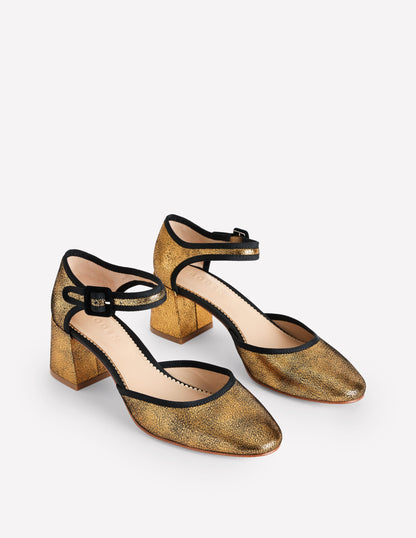 Zweiteilige Pumps mit Blockabsatz-Gold Metallic-Leder