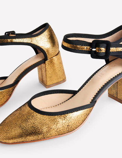 Zweiteilige Pumps mit Blockabsatz-Gold Metallic-Leder