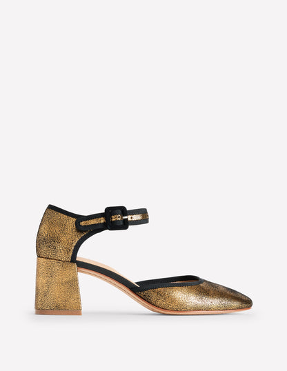 Zweiteilige Pumps mit Blockabsatz-Gold Metallic-Leder