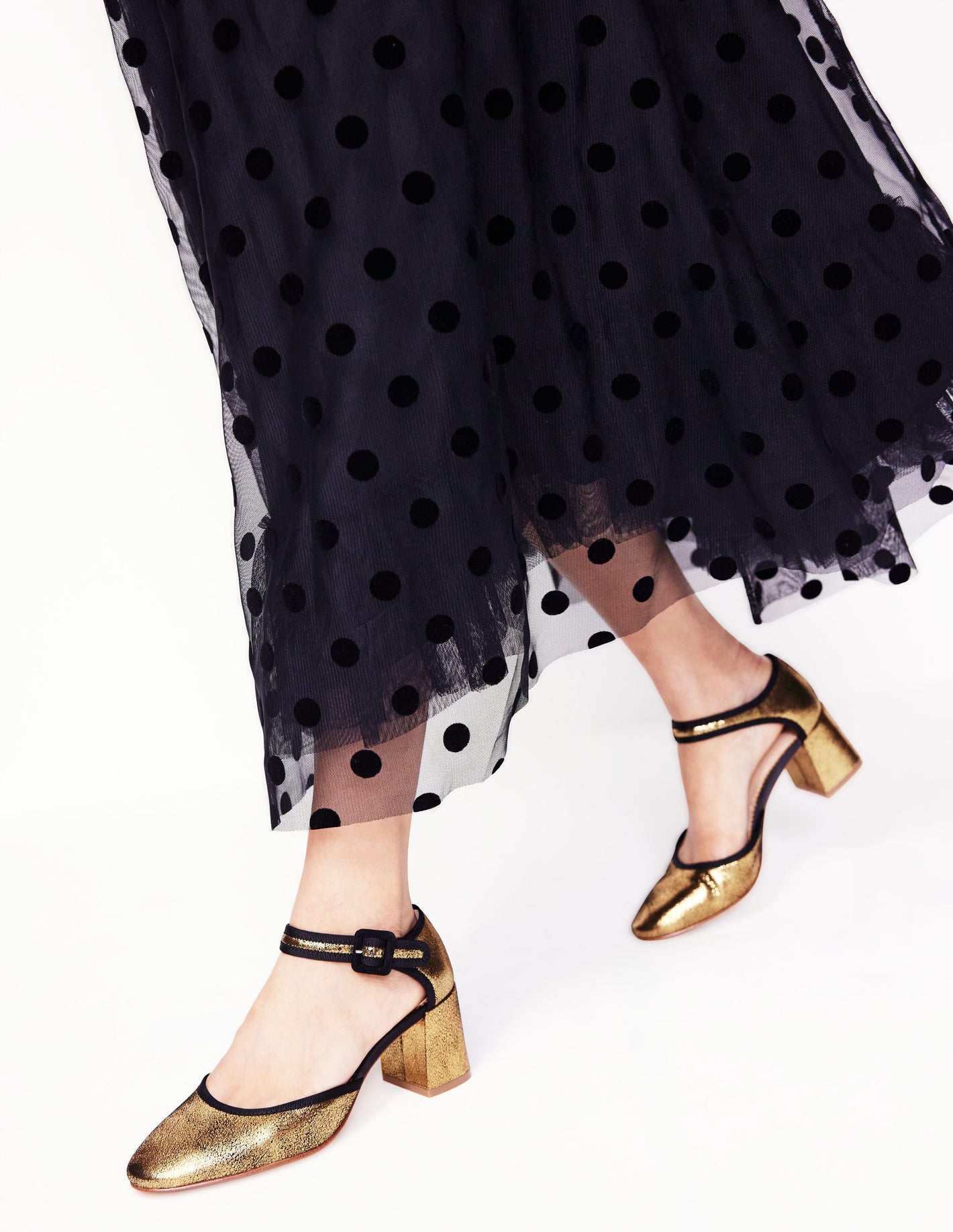 Zweiteilige Pumps mit Blockabsatz-Gold Metallic-Leder