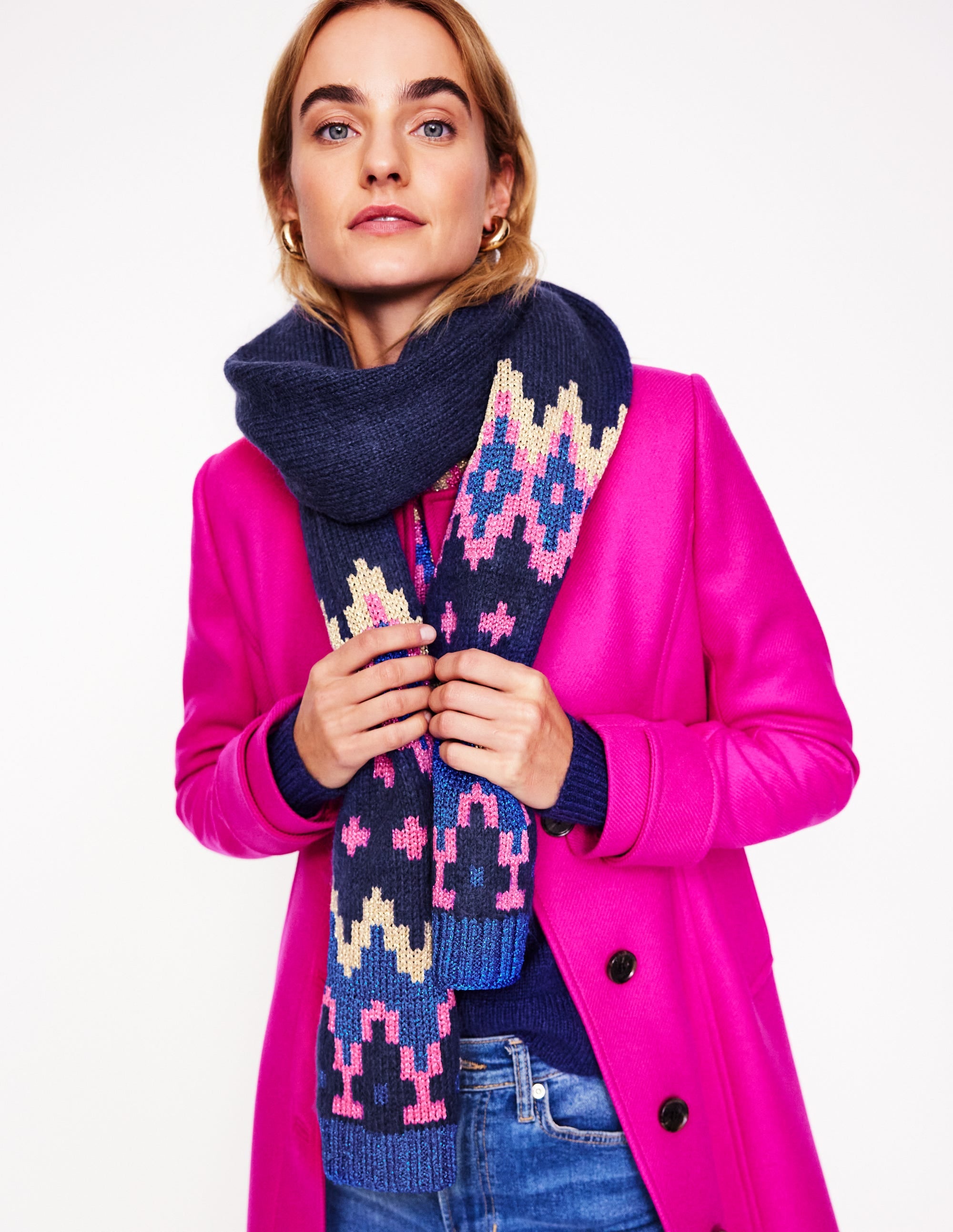 Écharpe épaisse à motif jacquard-Bleu Marine, Petits Pois - Image 1