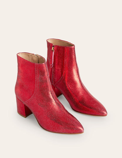 Lederstiefeletten mit Blockabsatz-Rot Metallic Leder