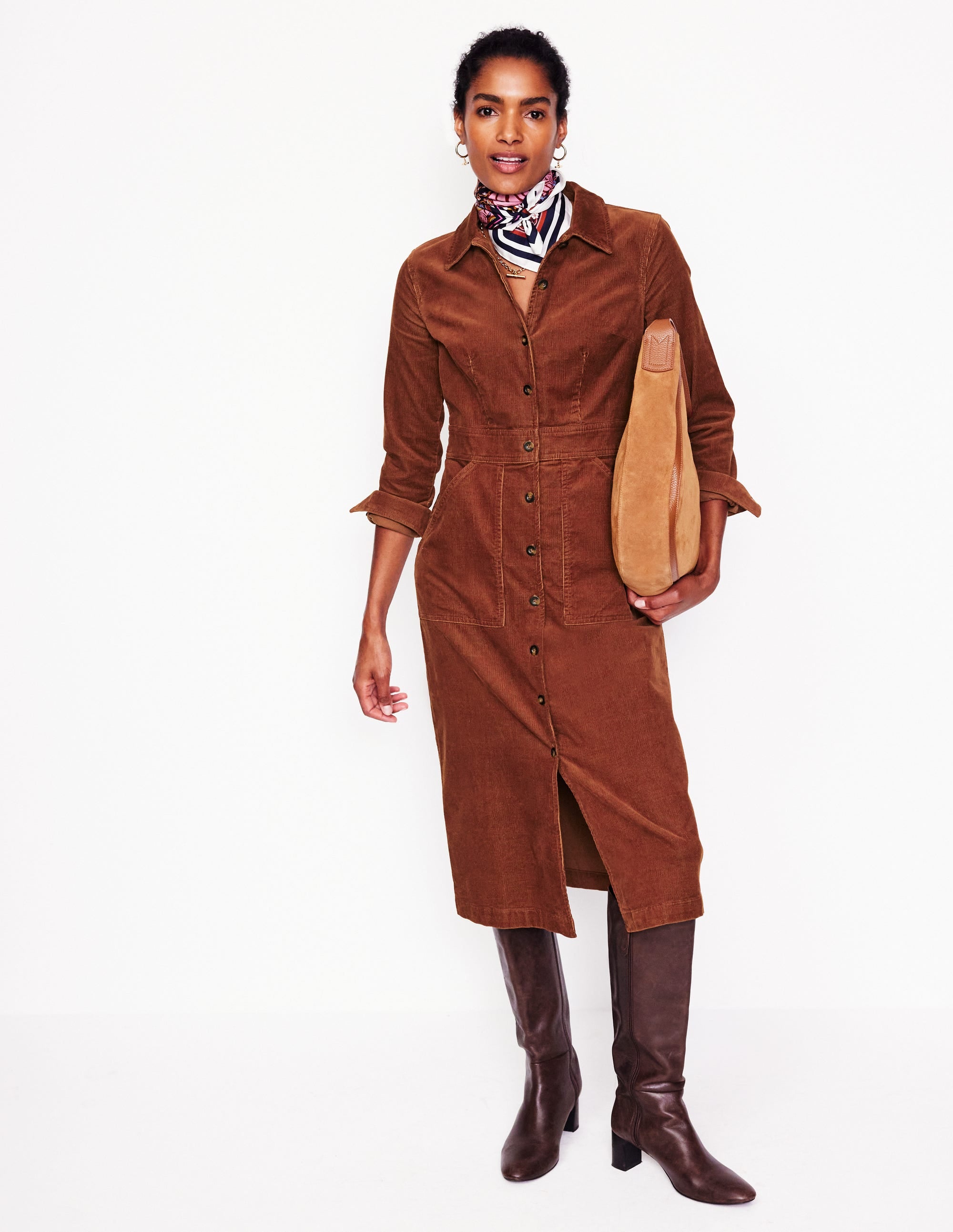 Robe-chemise midi Flora en velours côtelé-Chocolat - Image 1