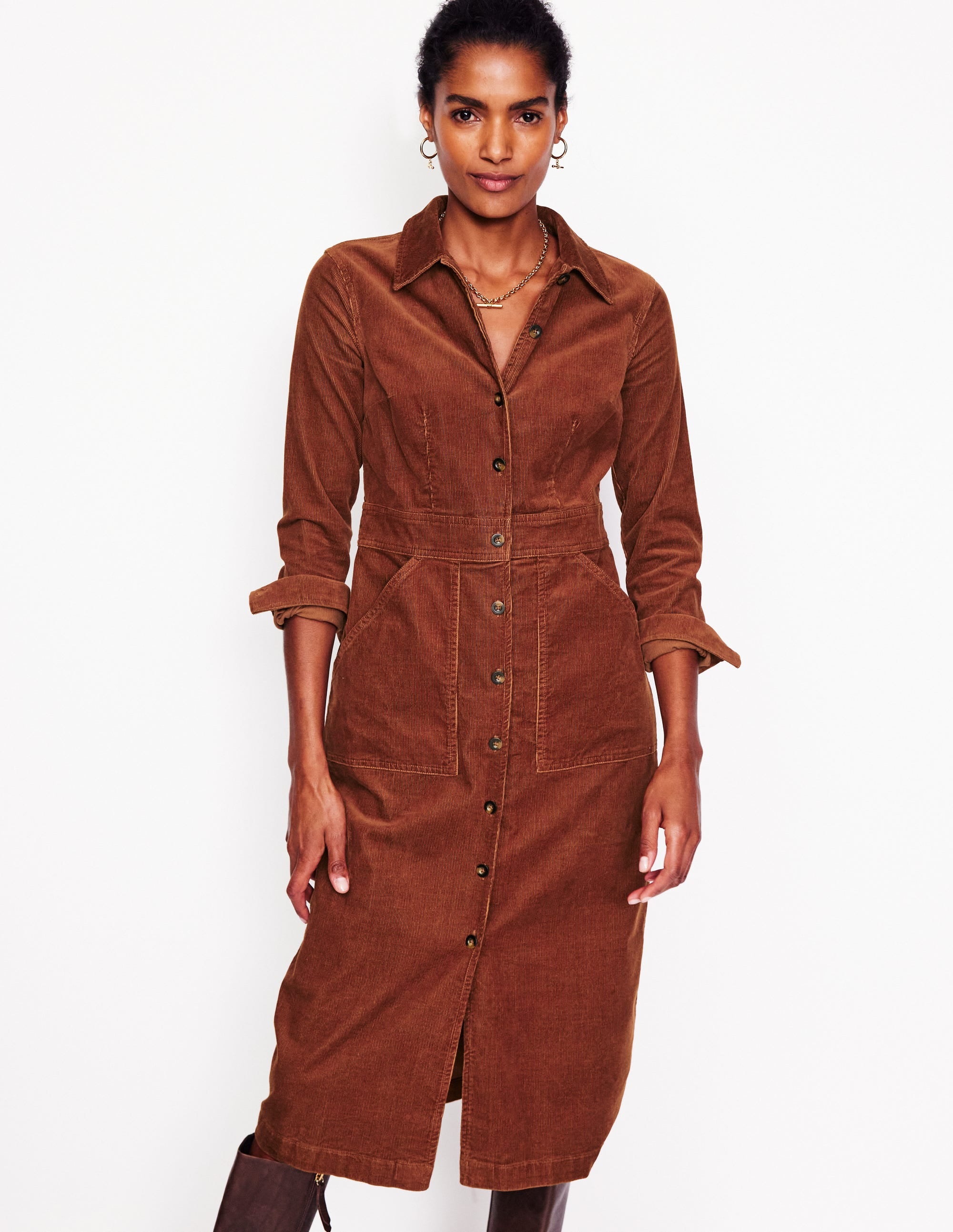 Robe-chemise midi Flora en velours côtelé-Chocolat - Image 4