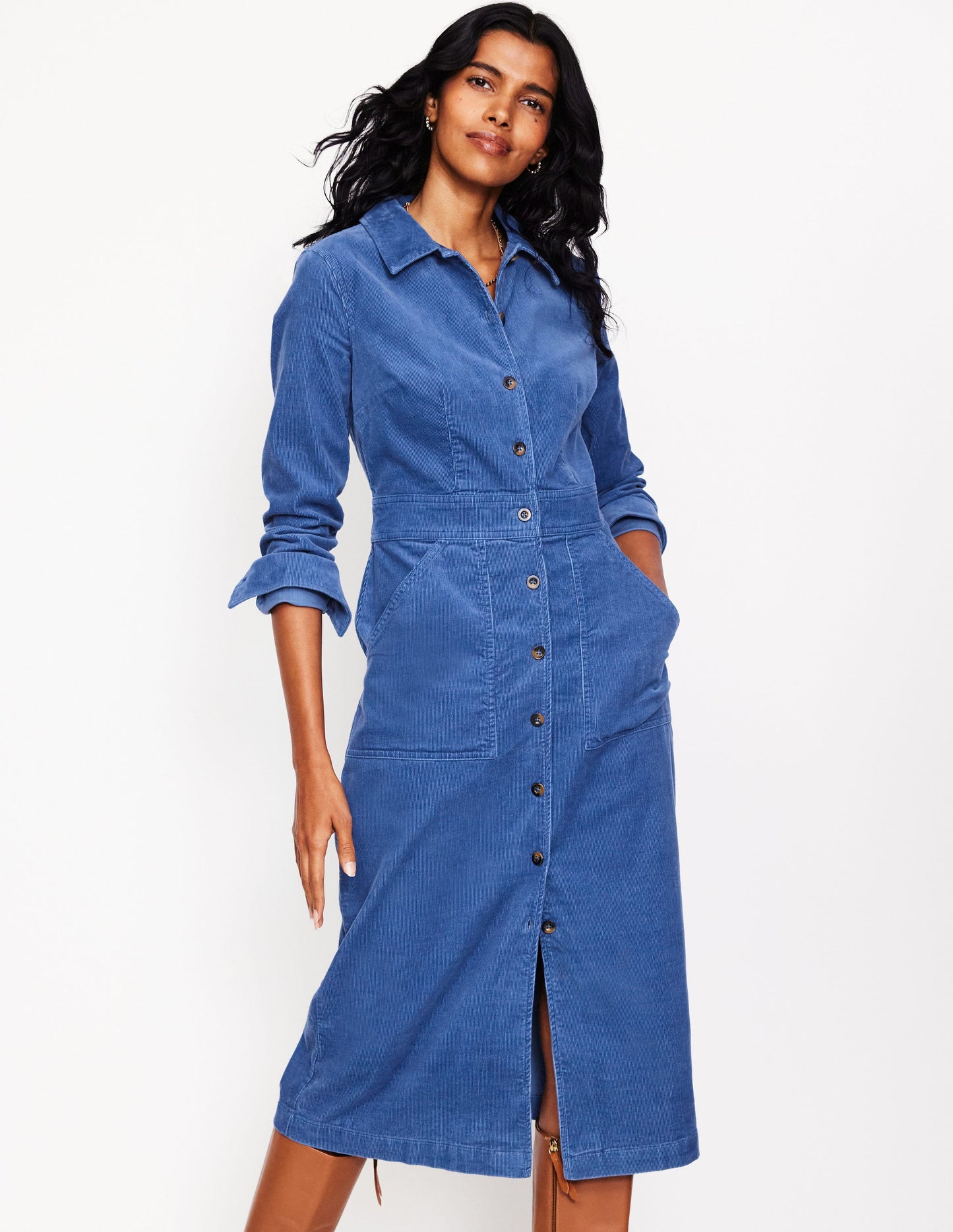 Flora Cord Midi Shirt Dress-True Navy