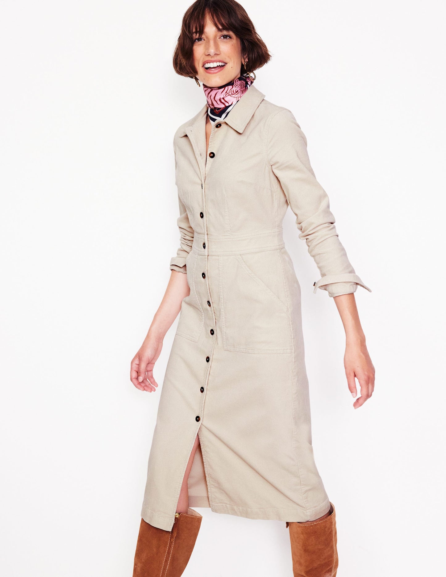 Flora Cord Midi Shirt Dress-Almond Peach