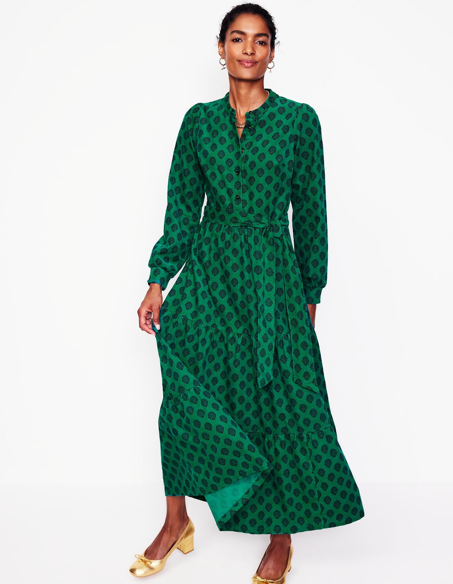 Robe longue Alba en velours côtelé-Vert alpin, motif Ornate Stamp - Image 1
