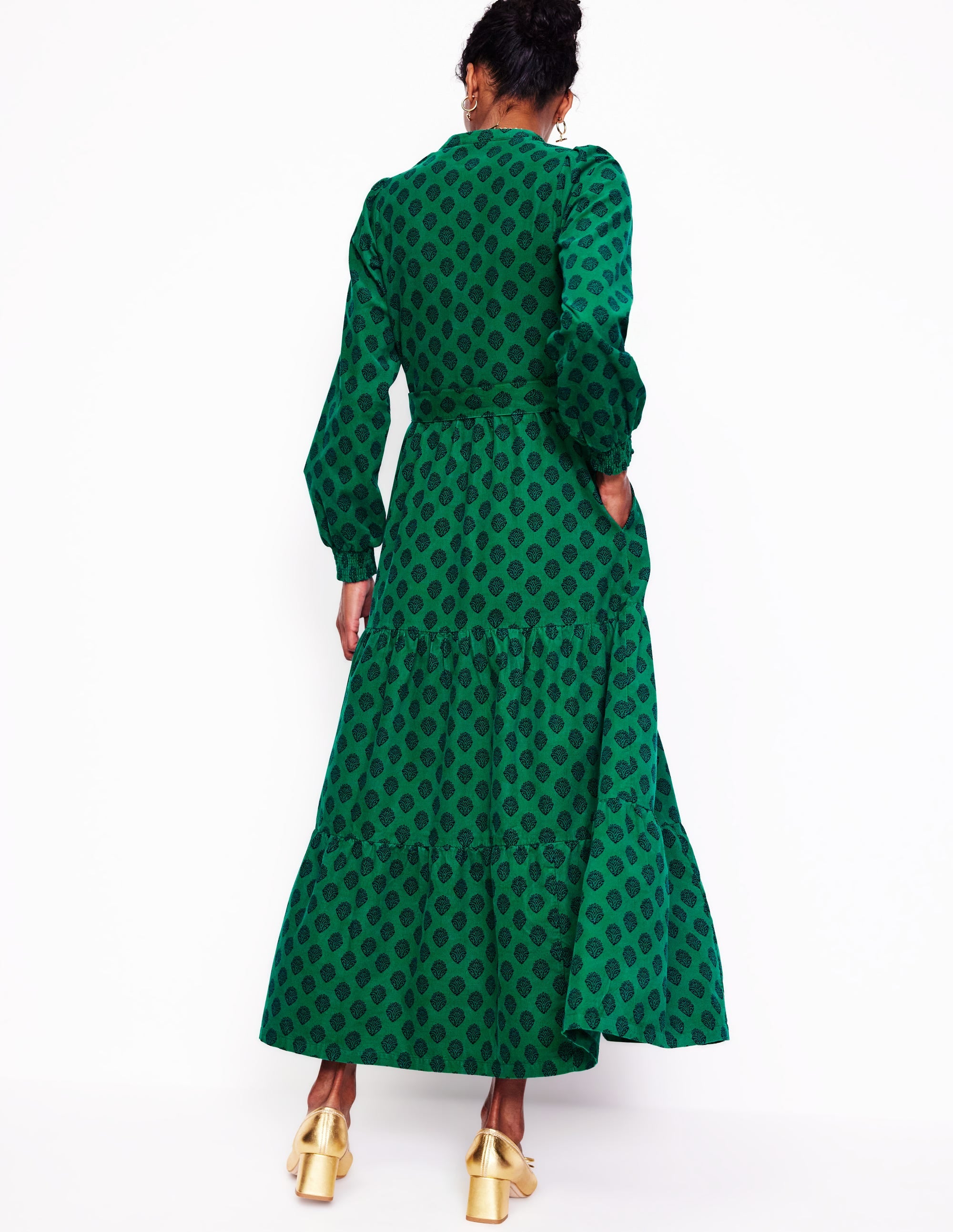 Robe longue Alba en velours côtelé-Vert alpin, motif Ornate Stamp - Image 3