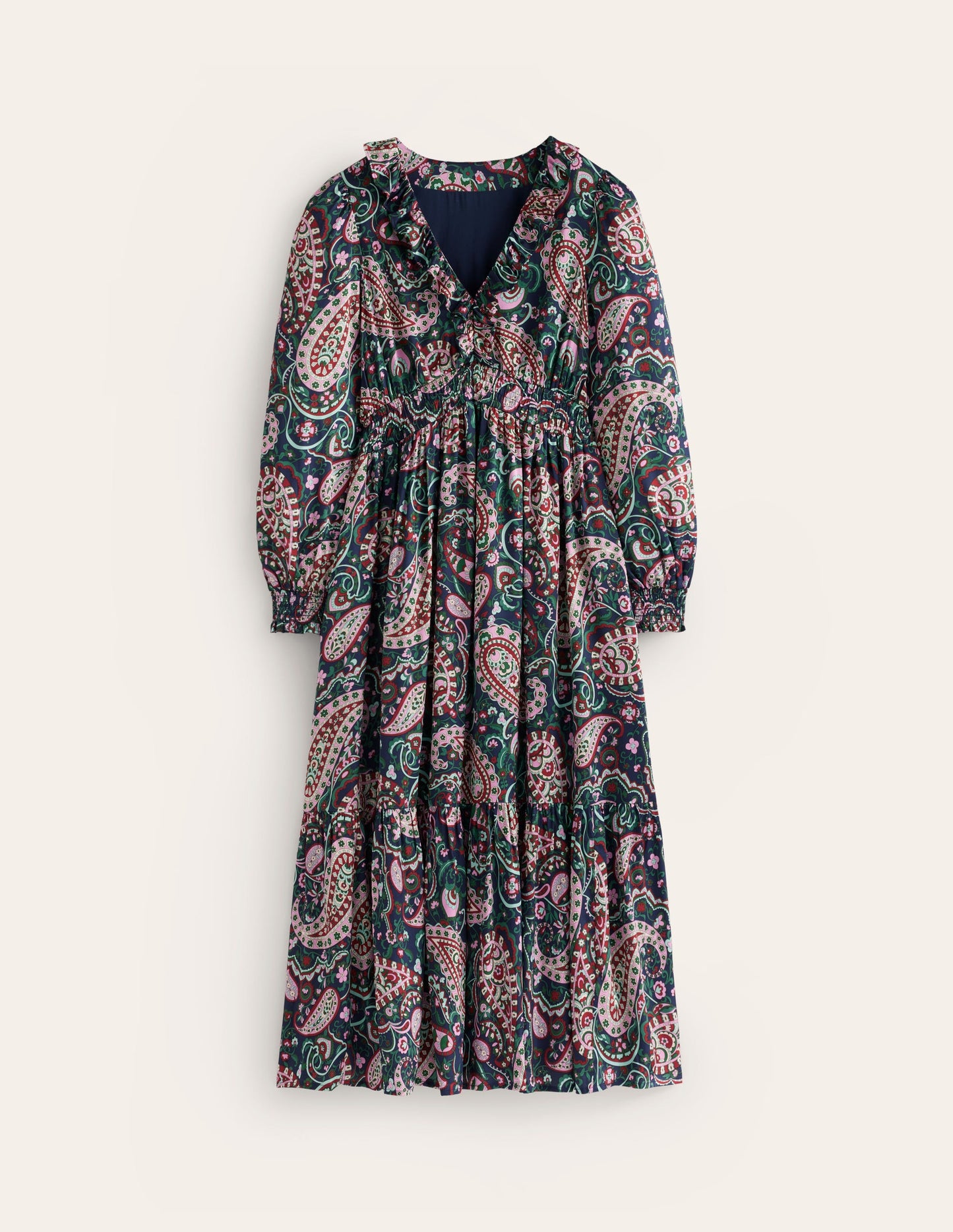 Shirred Ruffle Midi Dress-Mauve Mist, Paisley Paradise