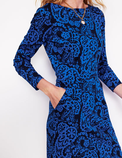 Florrie Langärmeliges Kleid-Blau, Paisley-Kaskade