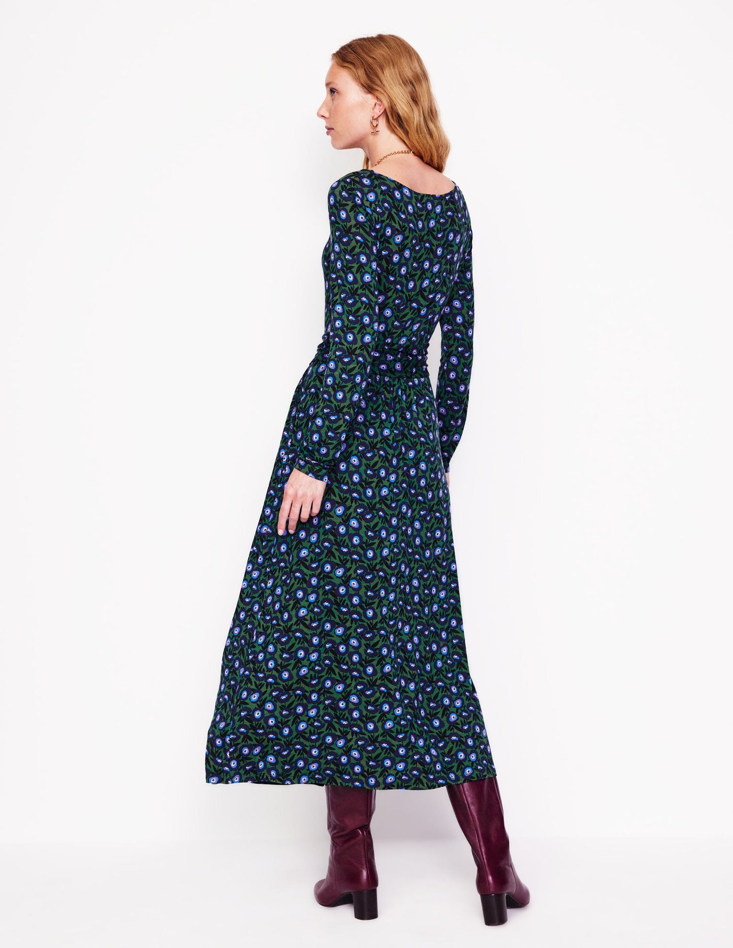 Amelie Long Sleeve Midi Dress-Pine, Pansy Sprig