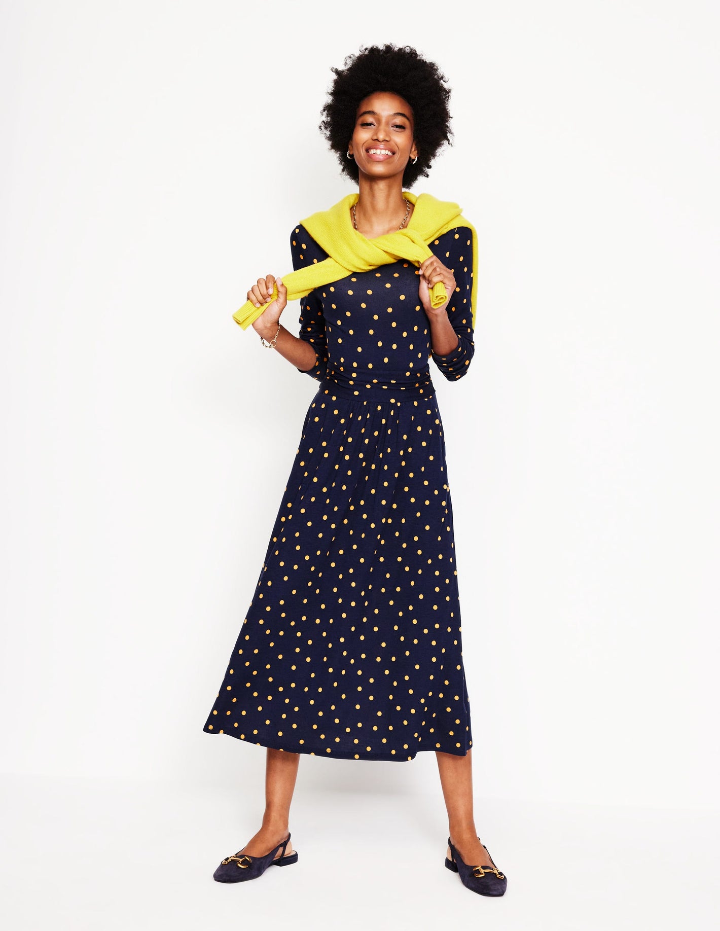 Robe midi Amelie à manches longues-Bleu marine, pois épars