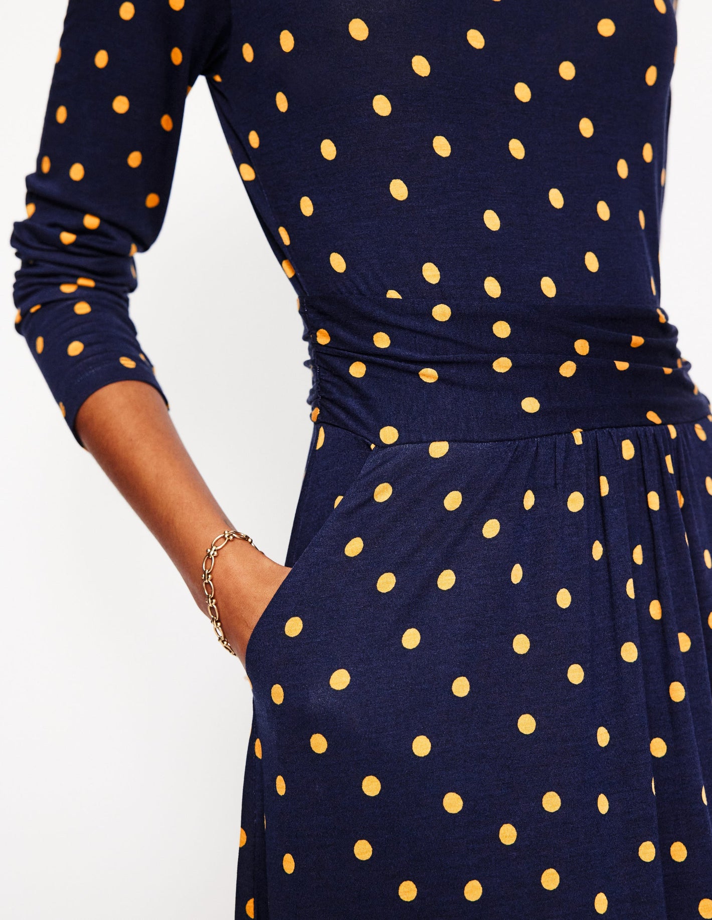 Robe midi Amelie à manches longues-Bleu marine, pois épars