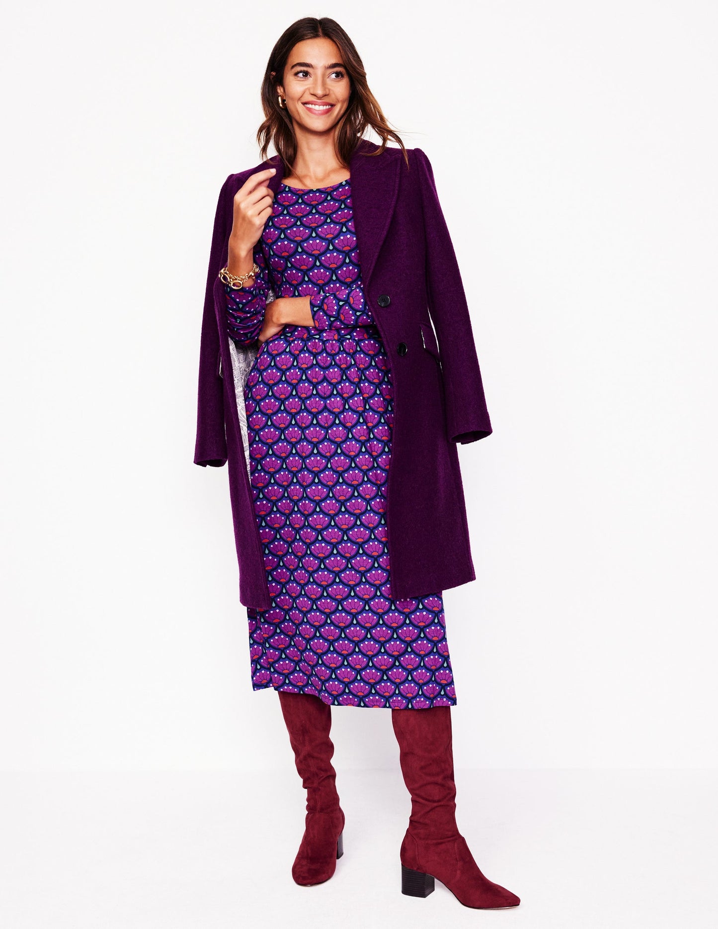 Amelie Long Sleeve Midi Dress-Regal Purple, Lotus Stamp