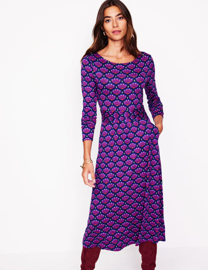 Amelie Long Sleeve Midi Dress-Regal Purple, Lotus Stamp