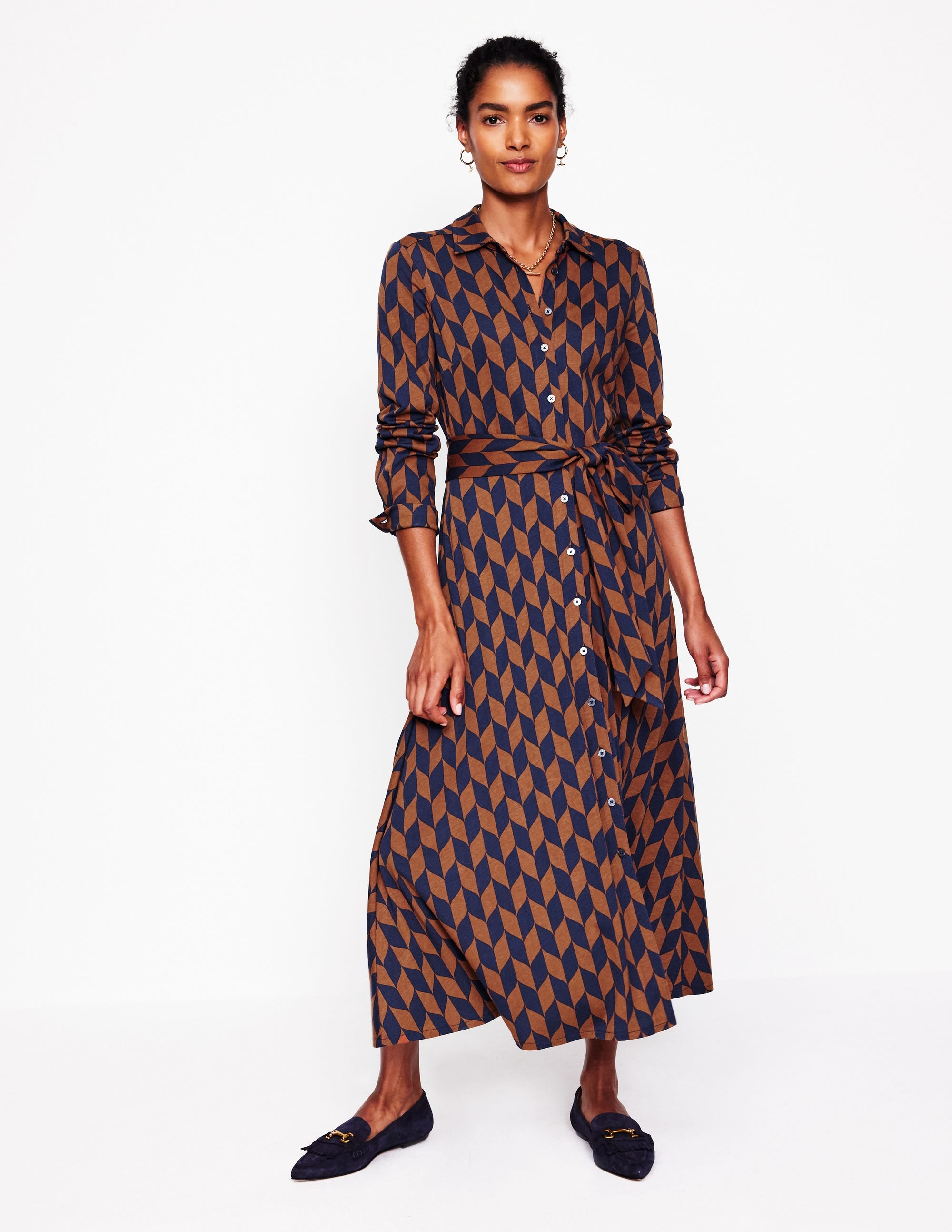 Robe-chemise Marcia en jersey-Cognac, motif Chevron Swirl - Image 1