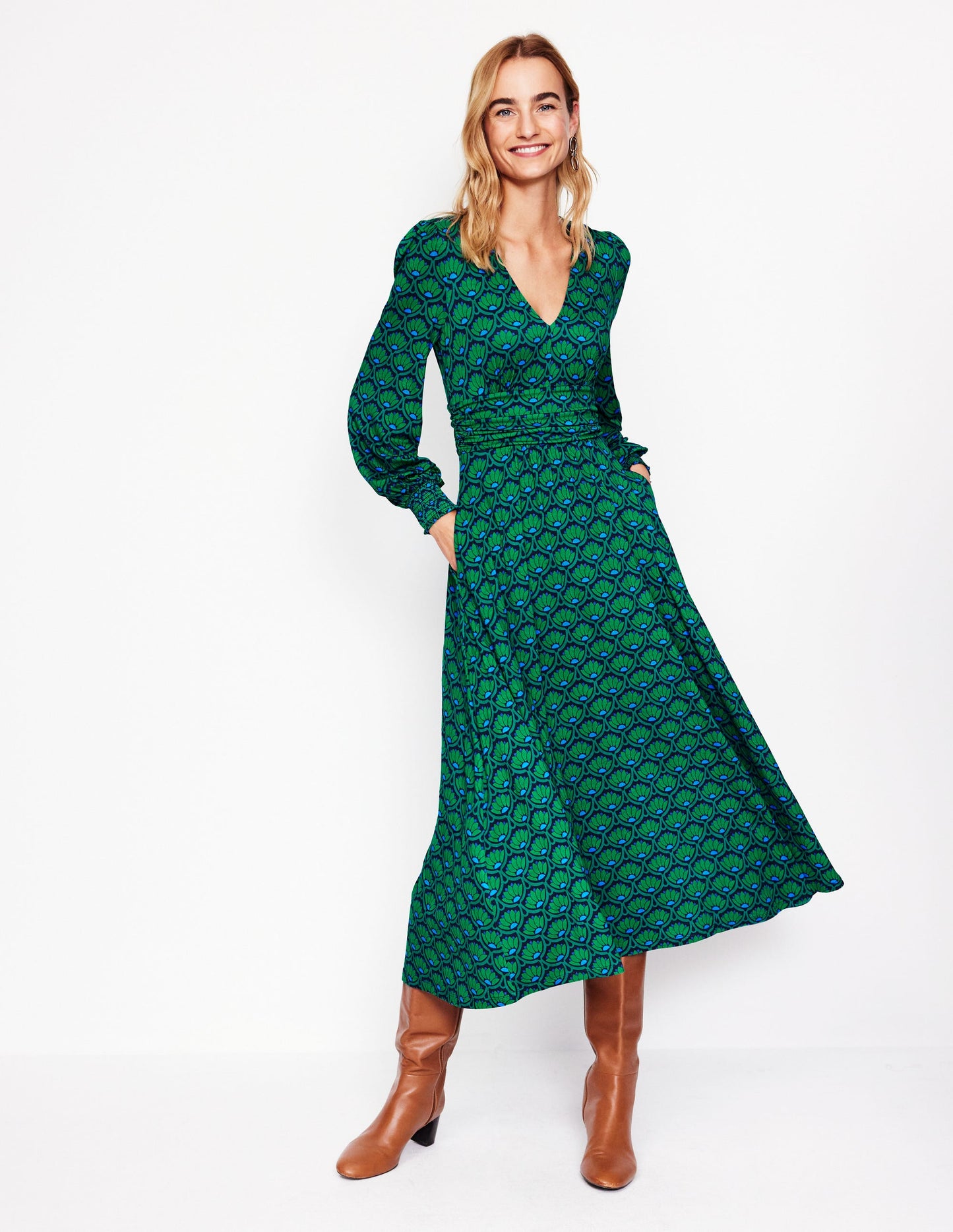 Daphne Jersey Maxi Dress-Rich Emerald, Lotus Stamp