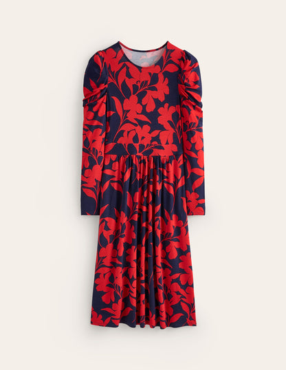 Puff Sleeve Blouson Dress-Red, Silhouette Bloom