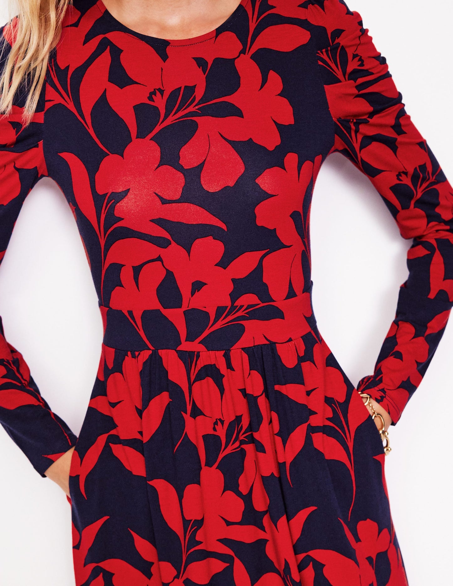 Puff Sleeve Blouson Dress-Red, Silhouette Bloom