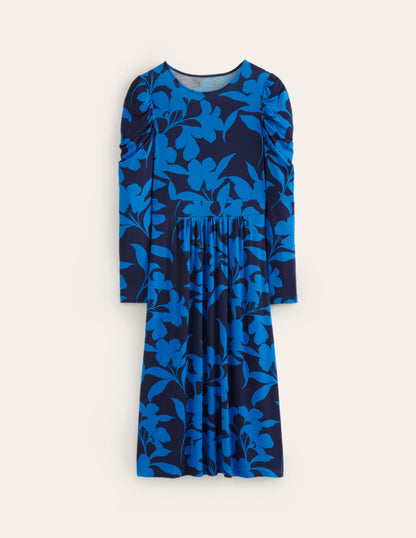 Blousonkleid mit Puffärmeln-Marineblau, Silhouette Blüte