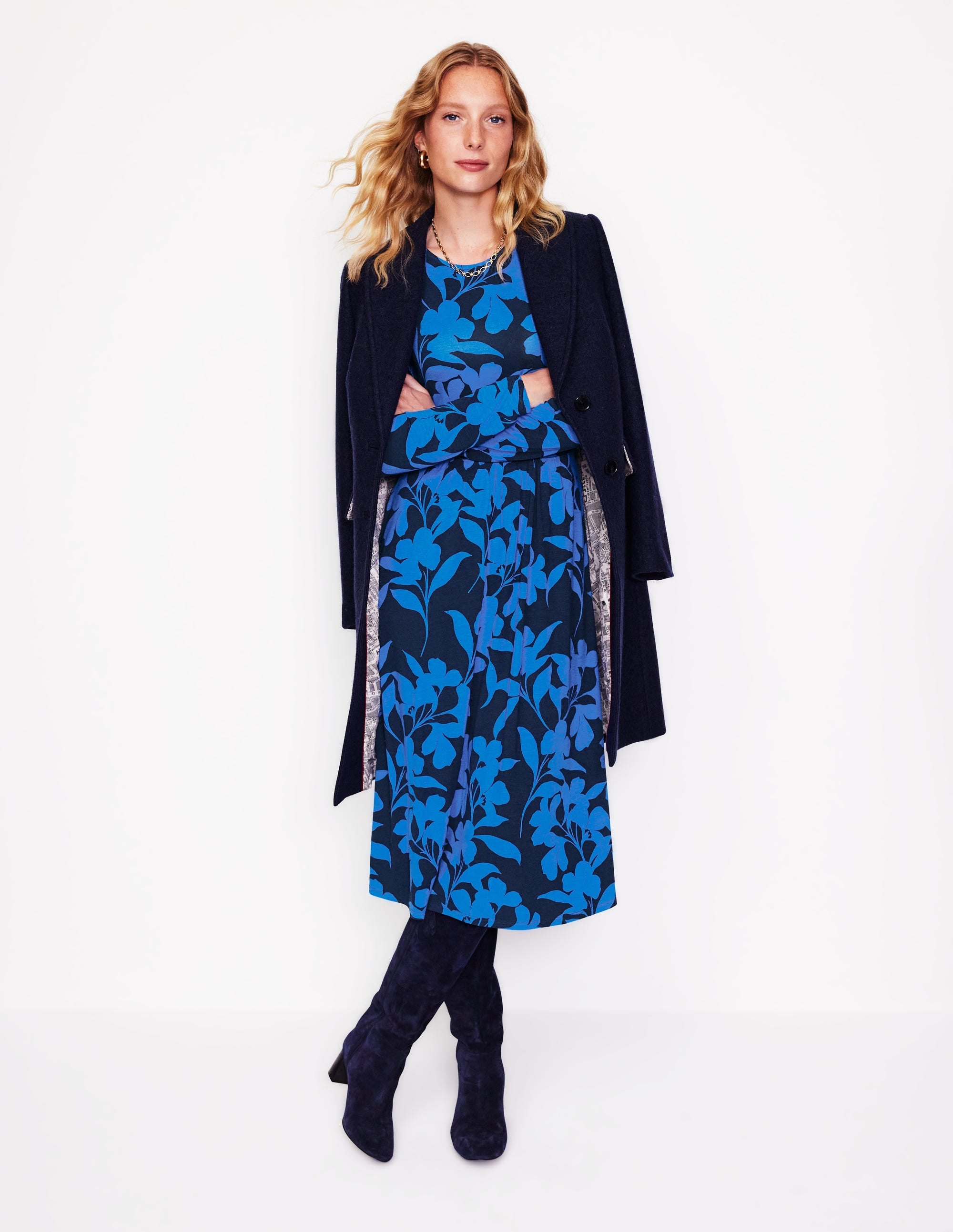 Blousonkleid mit Puffärmeln-Marineblau, Silhouette Blüte - Image 1