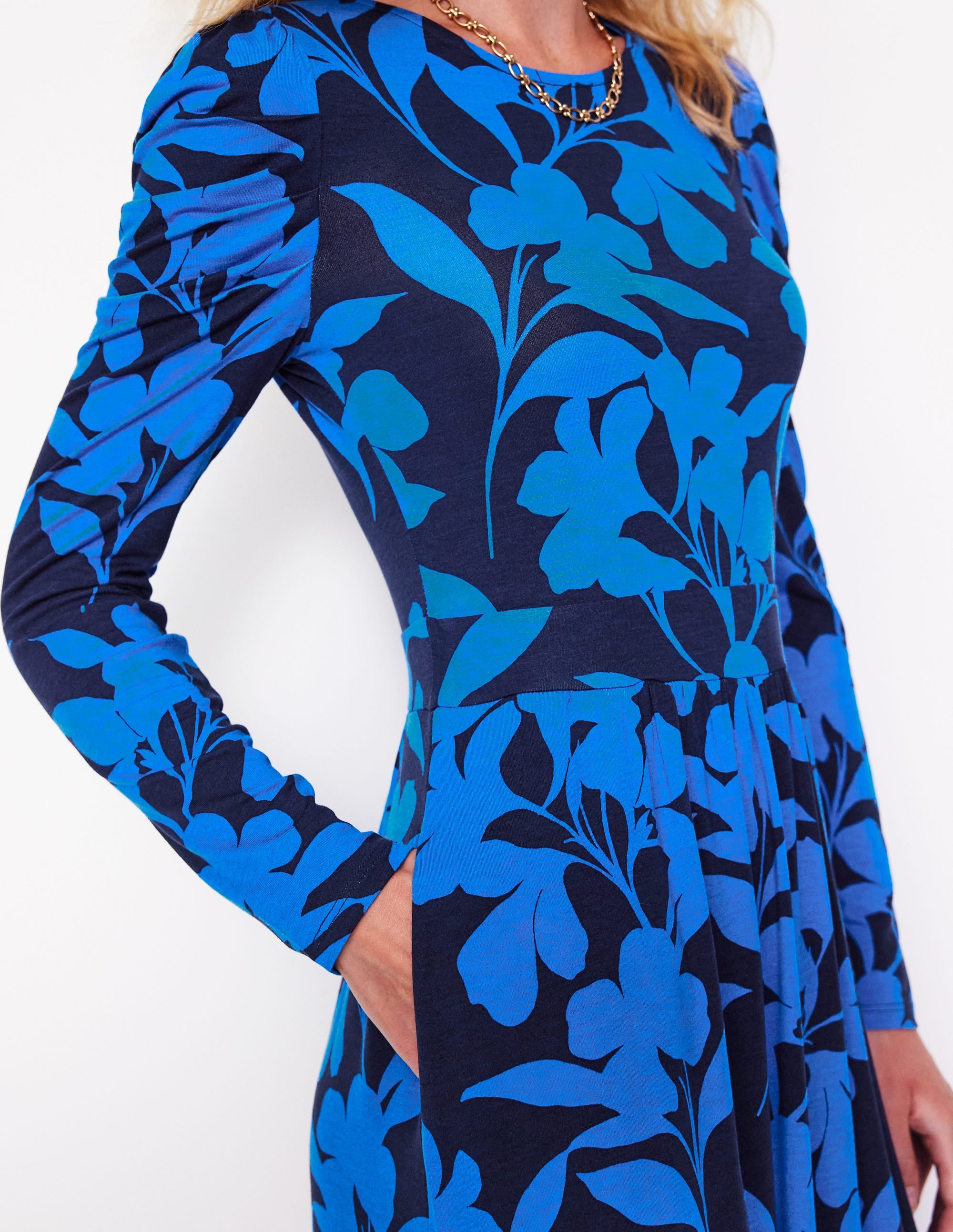Blousonkleid mit Puffärmeln-Marineblau, Silhouette Blüte - Image 2