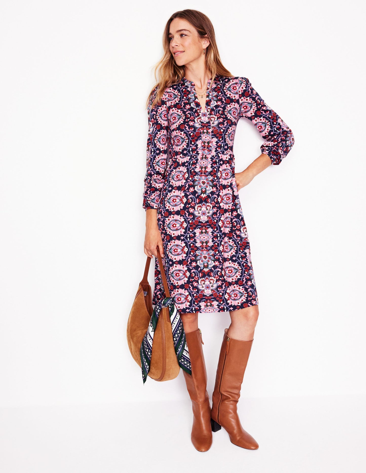 Naomi Relaxed Jersey Dress-Old Rose, Bloom Trellis