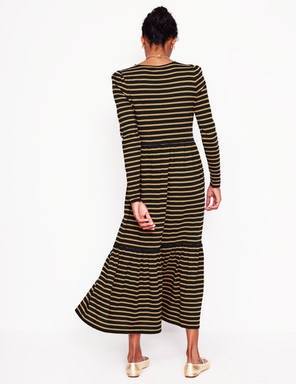 Emma Long Sleeve Jersey Dress-Camel, Black Stripe