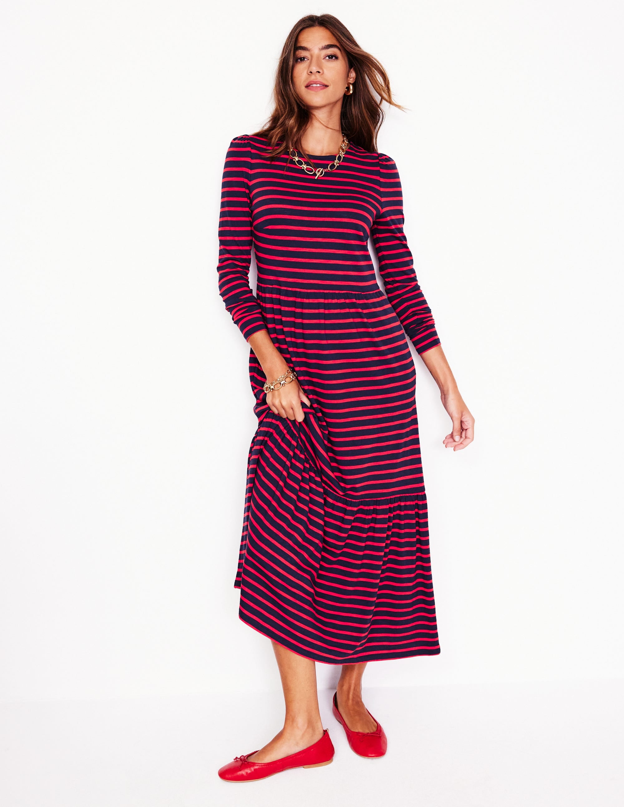 Emma Langärmeliges Jerseykleid-Marineblau, Rouge-Rot Gestreift - Image 1