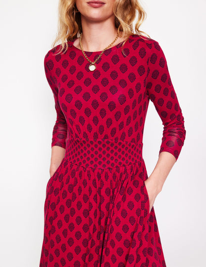 Thea Jerseykleid mit langen Ärmeln-Rotes Lakritz, Ornamentstempel