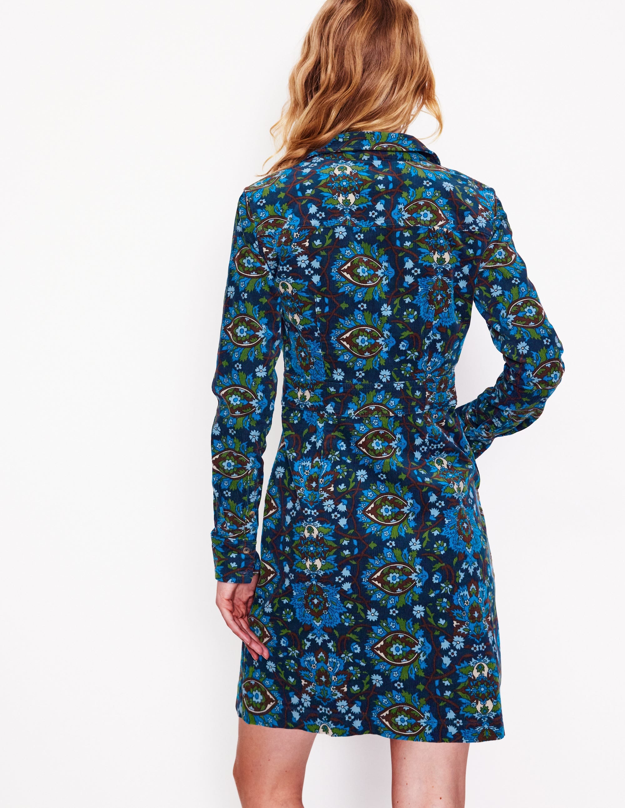 Flora Hemdblusenkleid aus Cord-Eisvogelblau, Blütengitter - Image 3